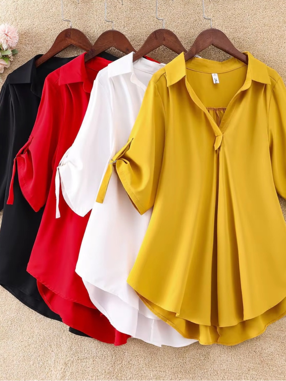Flowy V-Neck Tunic with Tie-Sleeve Detail — Mustard Yellow